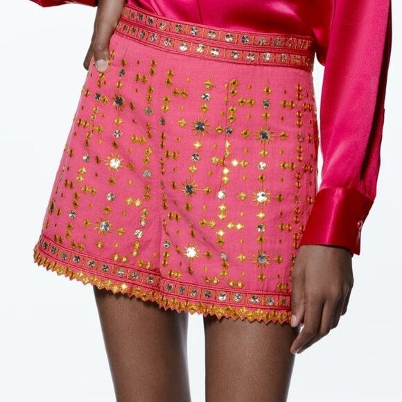 Zara Dresses & Skirts - ZARA SHORTS WITH EMBROIDERY FUCHIA COLOR | 7521/254/630